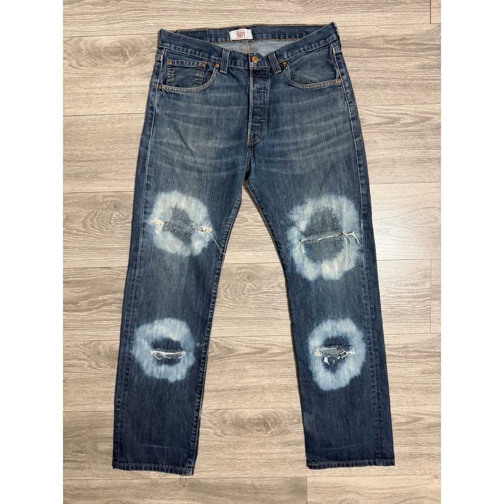 Levis 501 Mens Jeans 33x32 Custom Bleached Distressed Straight Leg Blue 501-1139